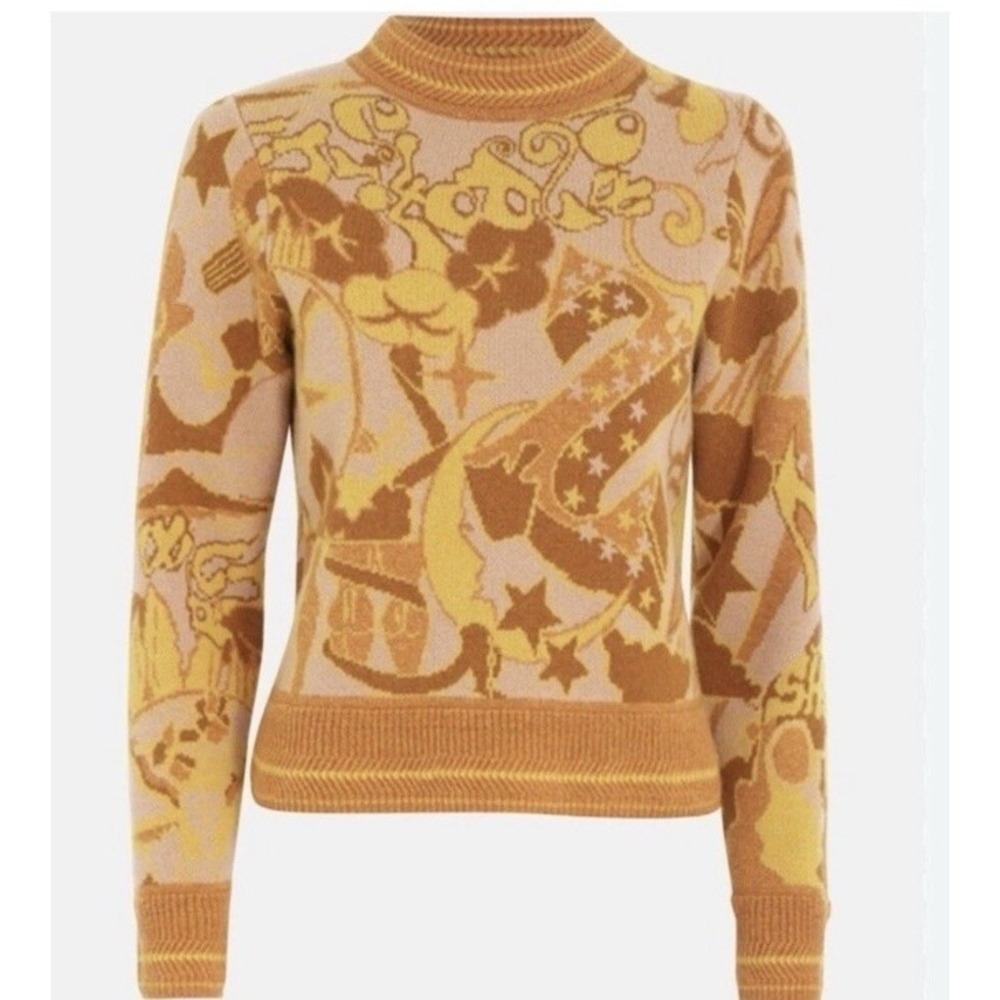 ZIMMERMANN Concert Jacquard Crewneck Gold Sweater Merino Wool Women's US 8 M